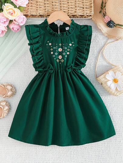 年轻女孩休闲优雅时尚个性图案腰部蝴蝶结装饰荷叶边袖连衣裙，适合日常穿着，夏季