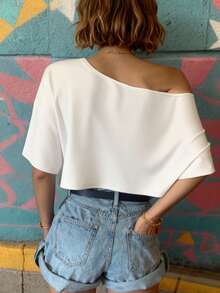 1pc Women's Asymmetrical Shoulder Batwing Short Sleeve T-Shirt Top, Loose Fit, Suitable For Summer, Beach, Street, Daily, Work, Office Party, Outing, Carnival, Music Festival, Valentine's Day, Party Occasions. Loose, Streetwear Style, Also Suitable For Outdoor Wear, Versatile Design, A Top Choice For Summer. - White - View 4