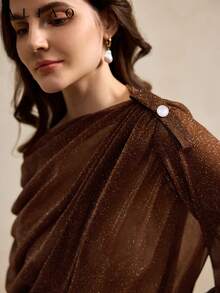 Aliao Exquisite Off-The-Shoulder See Through Long-Sleeve Top, Back To School, Going Out Tops Women, Old Money Style, Court Style, Wedding Season, Valentine's Day Outfit - Coffee Brown - View 2