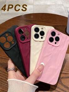 4pcs Simple Pleated Solid Color Lens Protection Phone Case, Personalized Compatible With IPhone 17 Pro Max, 16/15/14/13/12/11 Protective Cover - Multicolor - View 17