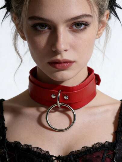 1pc Gothic Stylish Red Faux Leather Collar Punk Metal Ring Decor Choker Party Cosplay Decorative Necklace Edgy Outfit Party Accessory