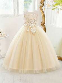Tween Girls Embroidered Mesh Elegant Party Dress, Suitable For Hosting And Attending Formal Events, Excluding Headband - Rượu sâm banh - Xem 3