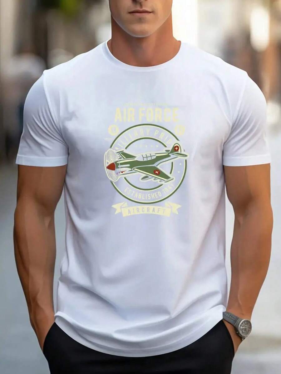 Ropa de moda para hombres, camiseta deportiva casual de manga corta, patrón impreso, cómoda, cuello redondo regular, top para exteriores - Gris - Ver 1