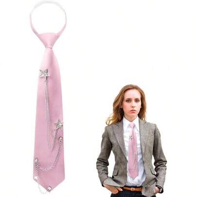 - Corbata negra para mujeres y nias, corbata punk con accesorios de cadena, corbata ajustable preatada para camisa escolar