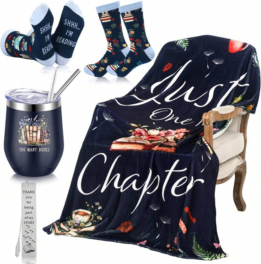Sieral 4 Pcs Book Lovers Gifts Women Book Gifts Include 60 X 50'' Reading Blanket 12oz Insulated Tumbler Sock Bookmark Teacher Mother Bookish Library Club Librarian(Dark Blue) - 摩卡棕 - 查看 1