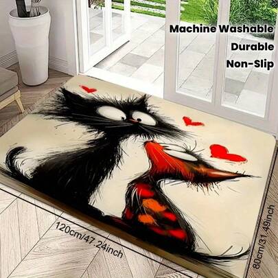 1pc Whimsical Black & Red Cat Love Door Mat - Valentine's Day Non-Slip Polyester Mat With Cartoon Cats & Hearts, Machine Washable Indoor/Outdoor Mat For Entryway, Kitchen, Bathroom Decor, Decorative Mat For Inside Front Door, Entryway Accessory