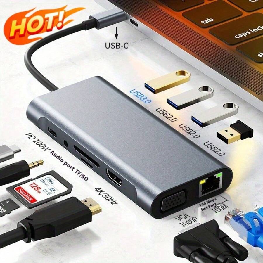 11-In-1 USB-C Expansion Dock Featuring 4K Ultra HD, Fast PD Charging, Gigabit Ethernet, Microphone/Audio, And SD/TF Card Reader - A High-Speed Multi-Port Adapter Compatible With USB-C Devices Like  And Windows. - 11-IN-1 HD100Mbps - View 1