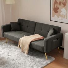 Convertible Sherpa Sofa Bed With Adjustable Backrest, Gold Metal Legs And Side Pockets - Dark Gray + Foam + 2 Seat - View 2