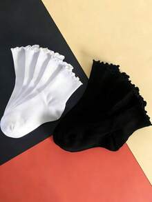 5/10 pares de calcetines medianos gruesos para mujer, con borde de volantes de unicolor blanco y negro, versátiles y cómodos, para uso casual en otoño/invierno