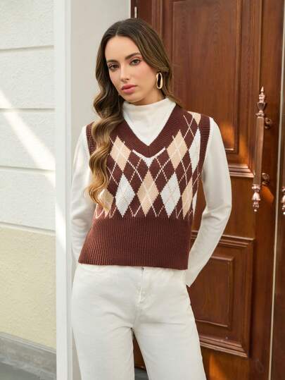 Argyle Knit Fabric Ribbed Sweater Vest For Women, Business Casual Tops, Sweater Vest, Tops For Women, Women's Sweaters, Work Outfits For Women, Casual Outfits For Women, Suitable For Spring, Autumn And Summer