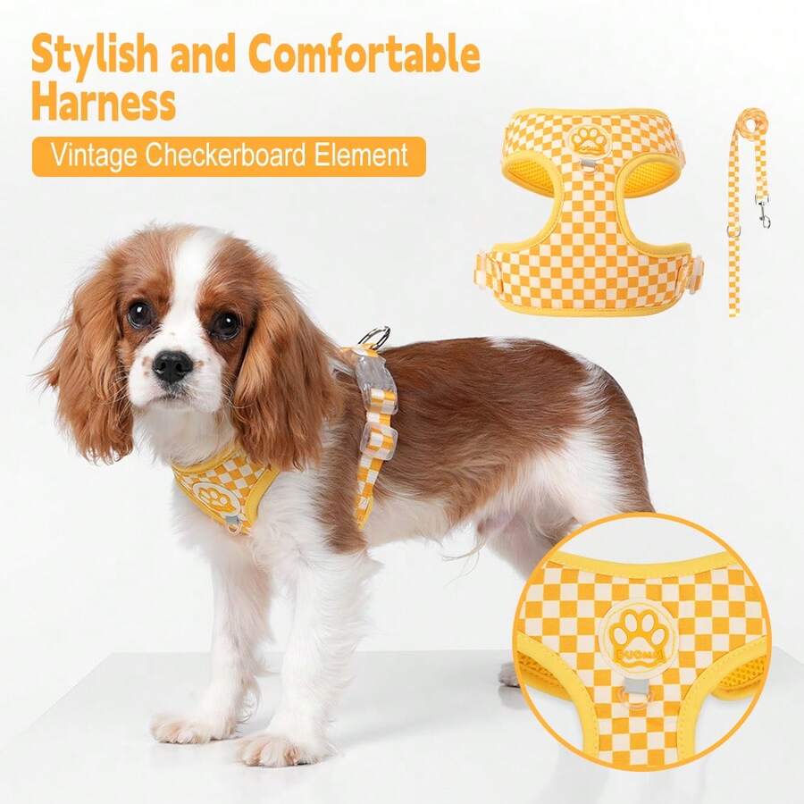 Spring New Plaid Pattern Dog Harness And Leash Set, Made Of Soft Breathable Mesh Fabric, Back Equipped With Round Ring For Increased Stability, Anti-Friction Design, Adjustable Size, Suitable For Small Dogs - Fashionable And Comfortable, Ideal For Daily Walking And Training. Matching Leash Has Waste Bag Holder.