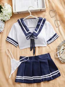 角色扮演校服三件套（上衣、百褶裙、丁字裤）；性感内衣套装；清纯校服；情人节和万圣节可爱水手服。春日白色 - 白色 - 查看 6