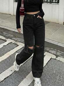 Women's Knee Ripped Pocket Casual Tapered Leg Jeans