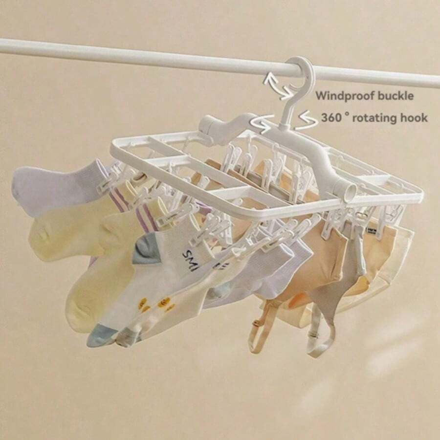 1pc Multi-Functional Foldable Clothes Drying Rack With 12/20/32 Clips, Windproof Collapsible Laundry Hanger, Compact And Convenient Plastic Hanging Clothes Dryer For Drying Underwear, Towels, Etc. - Multicolor - View 1