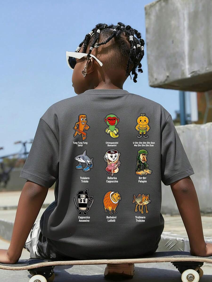 1件男童休闲圆领短袖T恤，印有神话生物图案，夏季学生服装 - 印有山海经人物图案的T恤为每个孩子带来欢乐和幸福！ - 深灰色 - 查看 1