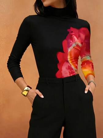 Valentine's Day Flower Design Women's Spring Autumn Fashion Elegant Contrast Color Tight Fit Top Long Sleeve Beach For Women Elegant Women's Top Women's Winter New Year