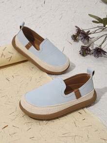 儿童夏季草编边套脚鞋，男女童软底舒适休闲鞋，简约百搭乐福鞋 - 藍色 - 查看 4