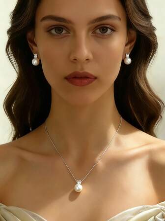 Set de 3 piezas de aretes de perla falsa y piedra de circonita minimalistas, juego de collar de acero inoxidable, elegante para compromiso, fiesta, uso diario, idea de regalo para el Día de la Madre.