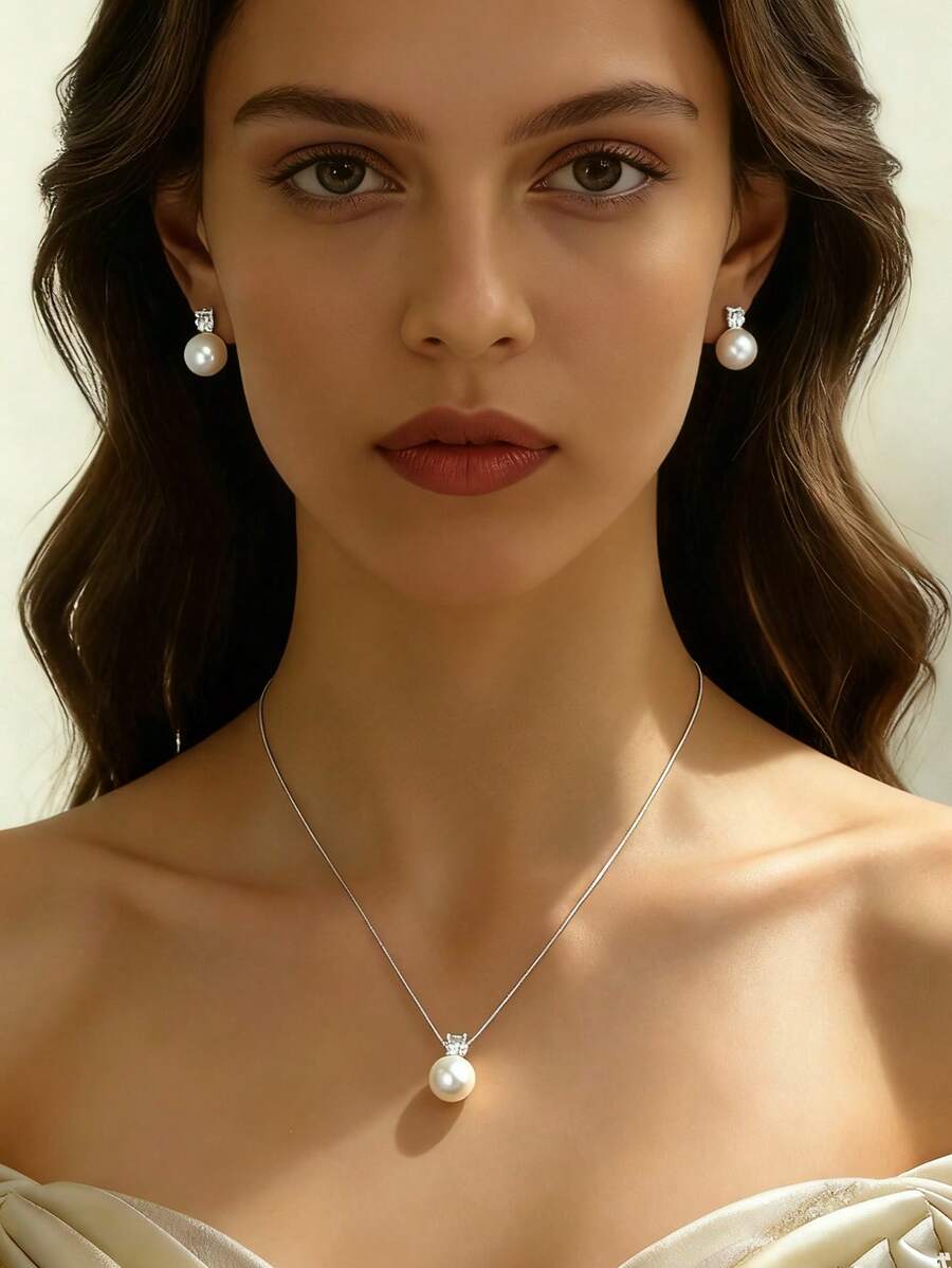 3pcs/Set Minimalist Faux Pearl & Zirconia Stone Stud Earrings, Stainless Steel Necklace Suit, Elegant For Engagement, Party, Everyday Wear, Mother's Day Gift Idea. - Silver - View 1