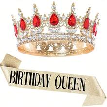 1件女士奢华水钻皇冠头饰，适用于婚礼装饰、派对、选美比赛、庆典、舞蹈、时装秀、鲜花装饰、生日派对、圣诞节装饰。专为女性设计的水钻生日派对套装——金色皇冠头饰、生日女王绶带，适合作为送给她的生日礼物、发饰、庆典礼品和装饰品。