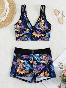 Swim Lushoire 女士热带植物印花性感比基尼泳衣套装，印花图案随机 - 彩色 - 查看 3
