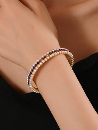 Elegant Bollywood Luxury Style Bracelet, Faux Pearl Inlaid With Rhinestones Bracelet, Suitable For Women's Daily Wear, Parties, Ramadan/Holidays Jewelry Accessories Gift