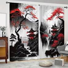 2pcs Set Red Floral Landscape Print Blackout Curtains - Rod Pocket Design For Privacy & Heat Insulation, Perfect For Bedroom And Living Room Decor, Machine Washable Polyester Drapes - Multicolor - View 2