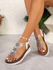 新款水钻透明厚底凉鞋，女士厚底仙女风罗马鞋，百搭沙滩鞋 - 白色 - 查看 3