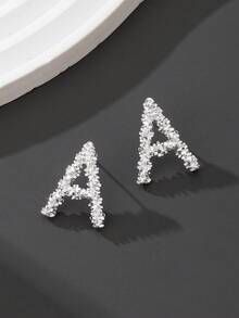 1 Pair Elegant Silver Tone Serrated Letter Design Stud Earrings, Women Jewelry Gift For Birthday - Silver - View 4