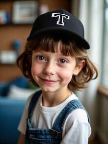 1顶儿童黑色26字母棒球帽，刺绣字母设计，韩流时尚，可调节后扣，男女童遮阳帽，26个字母可定制你的名字字母儿童帽 - 黑色 - 查看 3