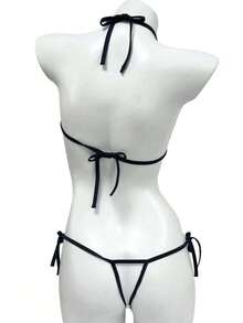 Christmas Gift Color-Block Trim Lingerie Set, Micro Triangle Camisole Tie Bikini Bra And Thong, Women's Underwear, Christmas Essential Item - 白色 - 查看 5