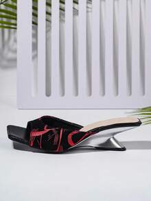 Fashionable Graffiti Open Toe High Heel Sandals, Square Toe Asymmetric Heel Slip-On Mule Shoes For Women - Red - View 9