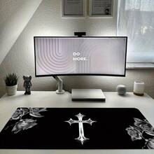 1pc Large Gothic Cross Rose Gaming Mouse Pad/Desk Mat - Black And White Aesthetic Computer Keyboard Surface, Non-Slip Base And Smooth High-Definition Printing, Extra Large Size, Suitable For PC, Office And Computer Gaming Setup - Compatible With Laser/Optical Mouse - Multicolor - View 3
