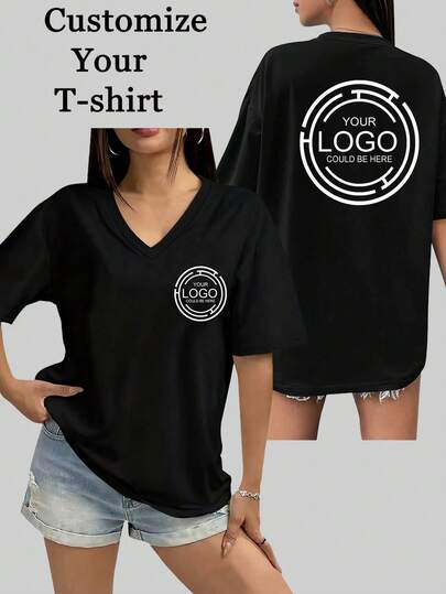 Customized Women's V-Neck Oversized T-Shirt, Gift For Girlfriend/Wife - Logo/Photo/Advertisement Printing, Work Uniform, Dance Team , Design Your Own Personalized Printed T-Shirt, Baby/Couple/Family/Pet Photo, Anniversary, Valentine's Day, Christmas, Thanksgiving, New Year Pattern, Logo, Business, Wedding Gift, Party , Birthday Gift, Halloween, Christmas Costume Black Summer
