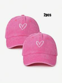 2pcs Embroidered Heart Washed Baseball Cap, Adjustable Couple Hats, Suitable For Spring/Autumn Travel, Beach, Casual Wear, Y2K Style Unisex Sun Hat - Baseball Cap - View 8