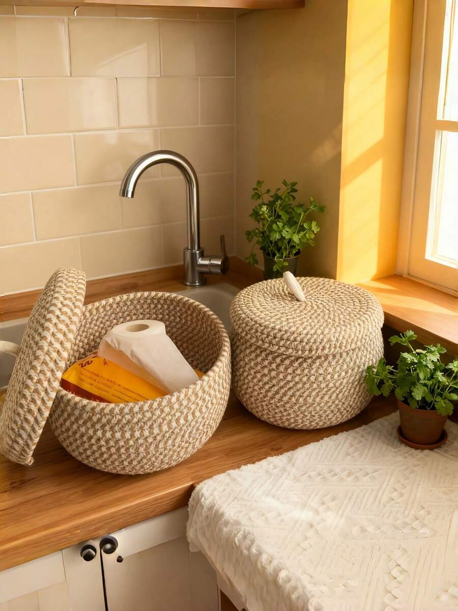 1/2 chiếc Giỏ đan tròn kiểu Bohemian có nắp đậy, thích hợp dùng làm giỏ đựng trứng hoặc giỏ trang trí nhà cửa cho phòng khách, phòng ngủ, phòng học và bàn đầu giường. Cũng thích hợp để đựng điều khiển từ xa, mỹ phẩm, chìa khóa, văn phòng phẩm và nhiều vật dụng nhỏ khác trong phòng ngủ, nhà bếp và phòng khách. - Nhiều màu - Xem 1