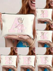 1 Personalized A-Z Initial Print Makeup Bag, Ballerina Girl Letter Print,Lightweight Makeup Organizer,Stylish Zippered Storage Bag, Multi-Functional Toiletry Pouch,Initials Option, Durable Fabric-Like Texture For Travel, Everyday Use,For Makeup, Skincare Products, Phones, Coins, Gifts, Weddings, And Holidays For Women And Girls, The Perfect Gift For Birthdays, Weddings, Holidays, And Parties