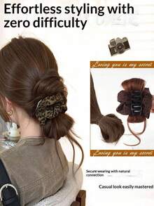 1件套懒人豹纹发髻假发，一体式凌乱发髻夹式接发