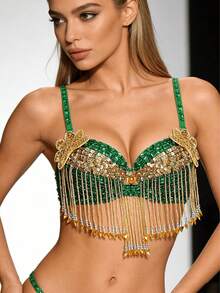 1pc Women's Glitter Belly Dance Fringe Bra Top, Suitable For Halloween Theme Party Stage Performance (36/80B Cup)