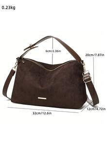 女士纯色麂皮手提包，可调节休闲简约单肩/斜挎包，日常通勤背包 - 咖啡 - 查看 2