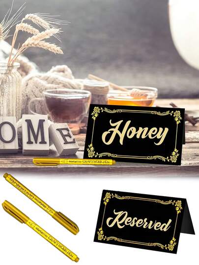 20pcs/Set Black Table Cards & Golden Pens, Suitable For Wedding, Dining Table Decor, Folding Table Cards, Buffet, Party, Celebration, Chinese New Year, Valentine's Day And Other Occasions
