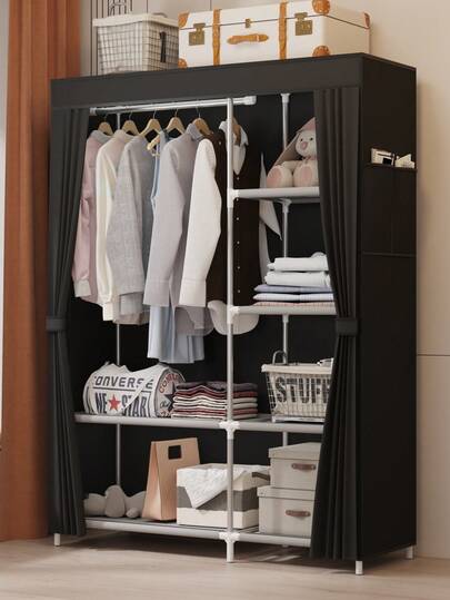 1件装便携式可折叠衣柜带帘 - 坚固大容量衣物收纳整理架，节省空间，易于组装，适用于宿舍、出租房、公寓、卧室（多种颜色可选）
