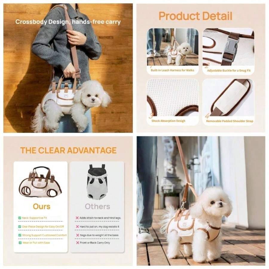 Snuggle Sling Dog, Dog Full Body Lift Harness Small Dogs, Hands Shoulder Yorkie, Adjustable Pet Backpack, Dogs Full Body Lift Carry Harness Pet Support Brown, - Marrón + M - Ver 1