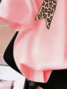 Áo thun ngắn tay in họa tiết da báo, nơ, phong cách thường ngày cho bé gái tuổi teen, thích hợp mặc đi làm, mùa hè. - Hồng - Xem 7