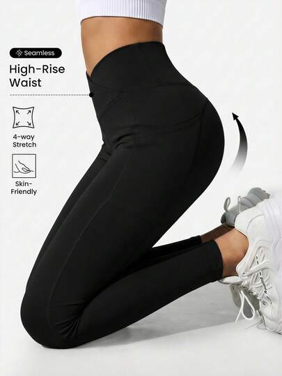  MFVIM 女士黑色交叉腰带设计运动紧身裤，修身透气舒适休闲运动跑步紧身裤，户外慢跑瑜伽普拉提健身房锻炼裤