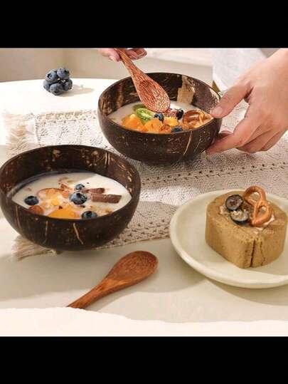 1 Set (Coconut Bowl + Spoon) Coconut Shell Bowl, Retro Round Bowl, Coconut Shell Spoon, Suitable For Smoothies And Desserts, Suitable For Catering And Learning Supplies, Coconut Shell Spoon, Back To School Season