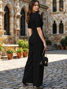 Mono Largo Escote Profundo Maxi Manga Abullonada Silueta Ajustada Cintura Definida Caída Fluida Mujer Casual y Elegante - Negro - Ver 3