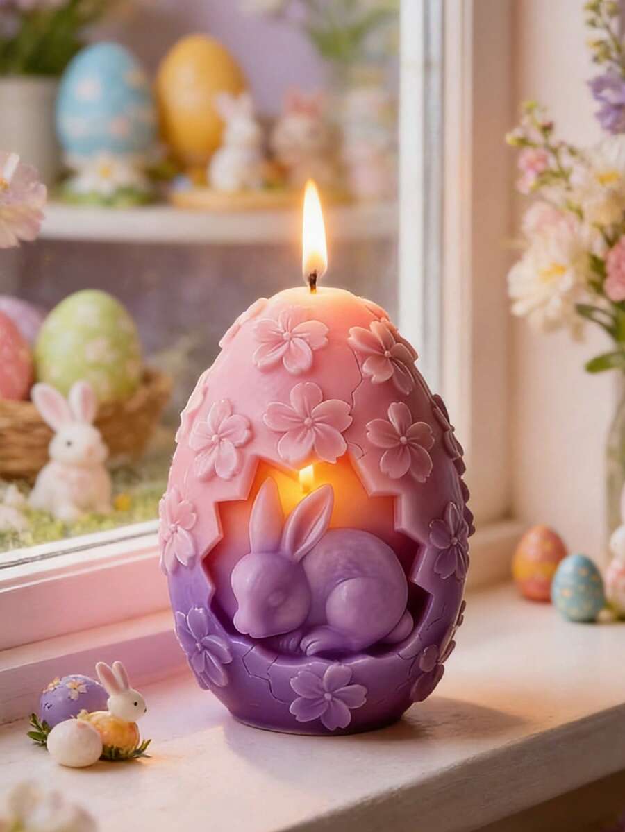 1pc Delicate Floral Easter Rabbit Candle Mold - Heat-Resistant/Easy Clean For Aromatherapy Candle/Soap, Easter Decor Silicone Mold - White - View 1