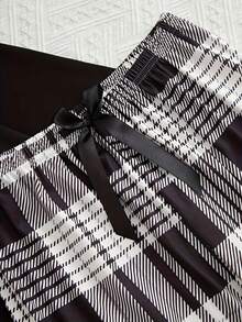 2pcs Black Dog Cartoon Print Women Pajama Set, Casual Plaid Pants Homewear - Black - View 2