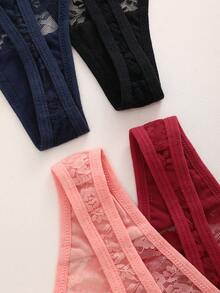 FINETOO Set de 4 piezas de tanga sexy de encaje con estampado de unicolor para mujer de talla grande - Multicolor - Ver 7